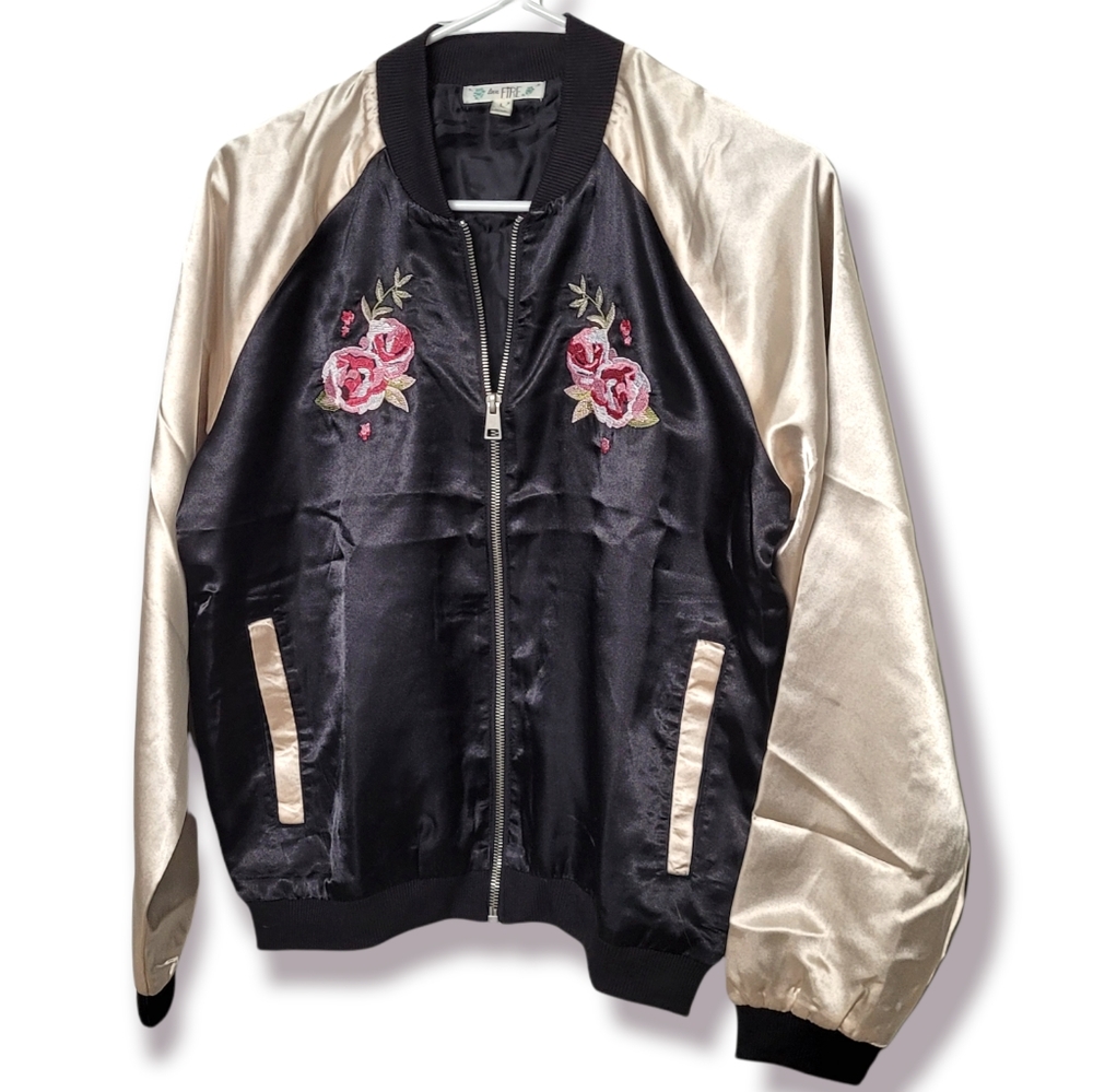 Satin Embroidered Roses Floral Japanese Style Two Tone Black Bomber Jacket, L